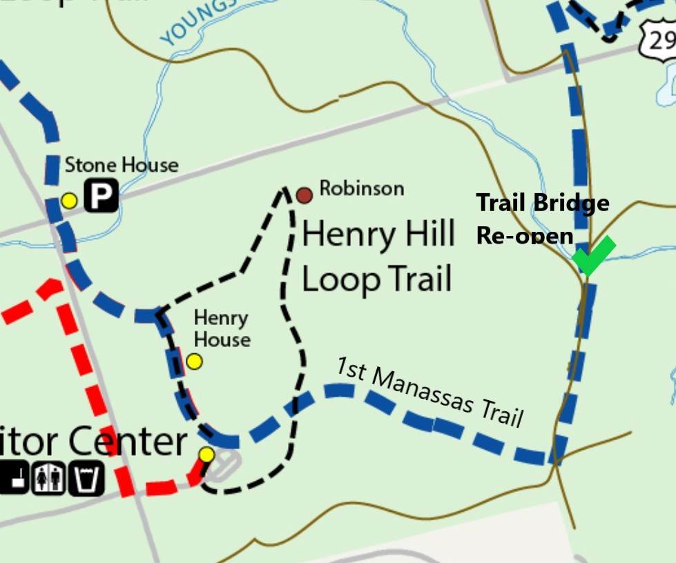 Bridge Re-Opening Trail Map A map of the battlefield trails with a green checkmark on the blue "First Manassas Trail" where the re-open bridge is located.