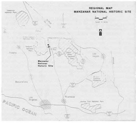Regional (southern California) map of Manzanar's location