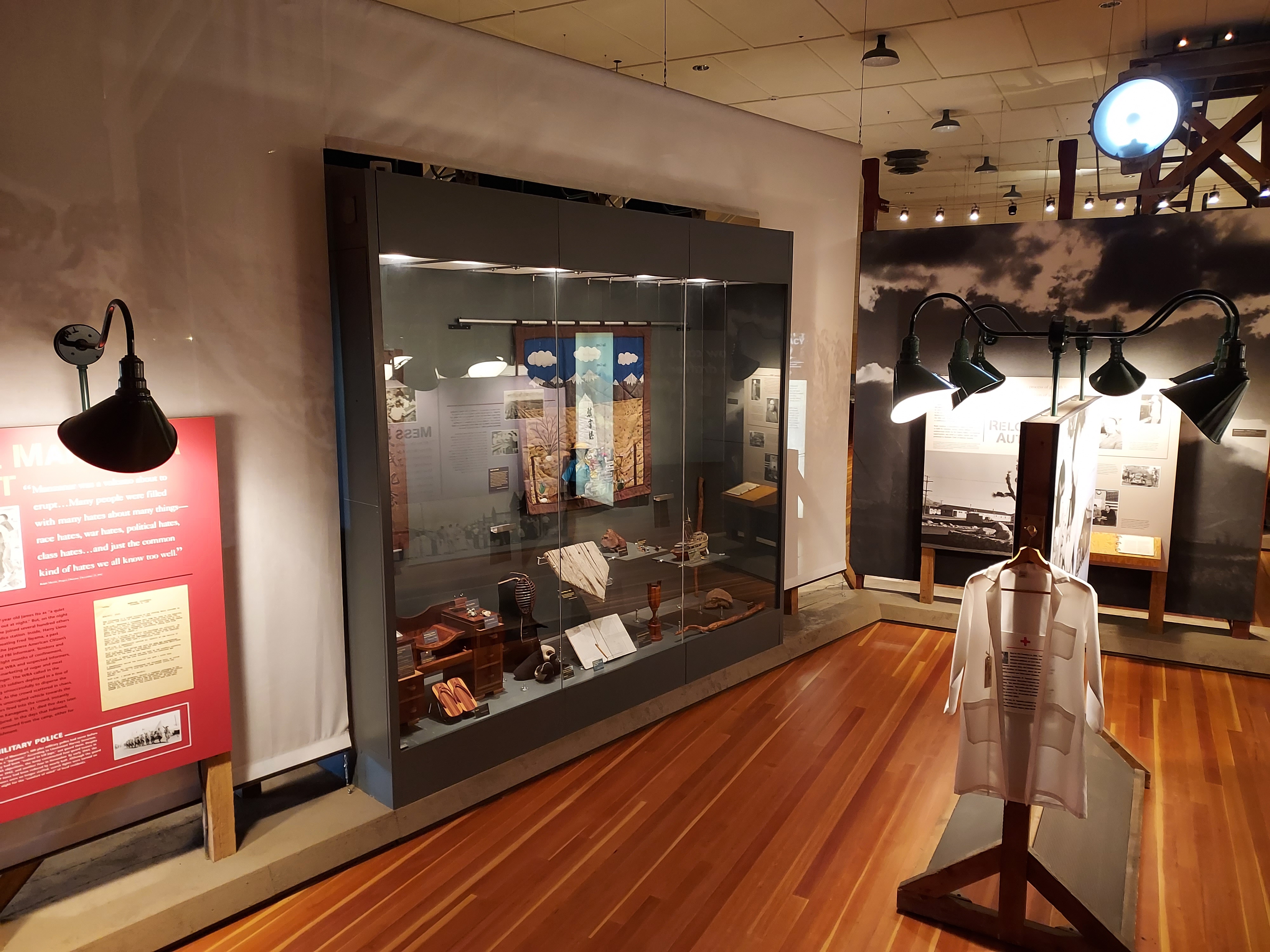 Manzanar Visitor Center Exhibits interior of building with artifacts in cases