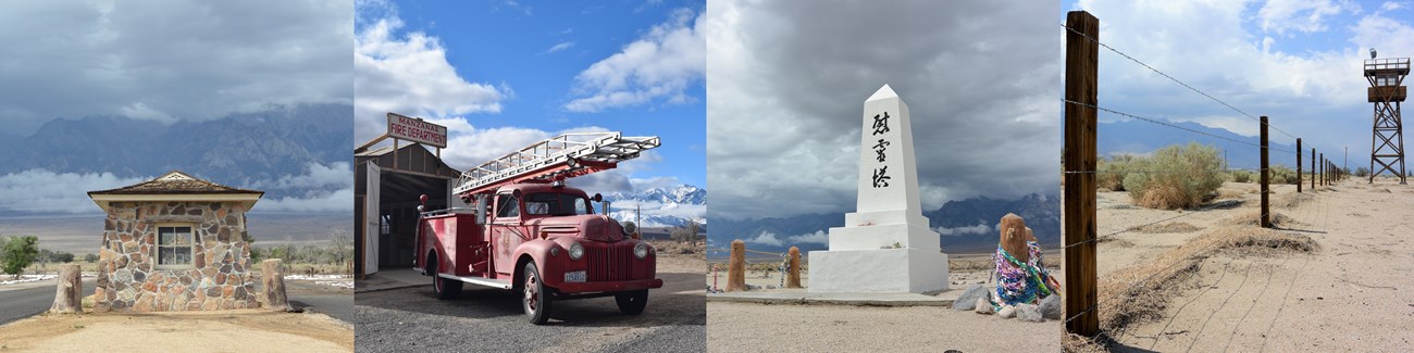 Four images in a row: stone sentry post, 1940's fire truck, cemetery monument, guard tower next to barbed wire fence