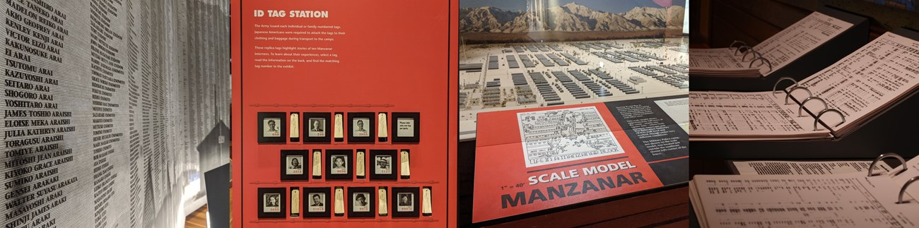 Four images in a row of indoor visitor center exhibits: wall of names, ID tags, scale model of Manzanar, and original roster books