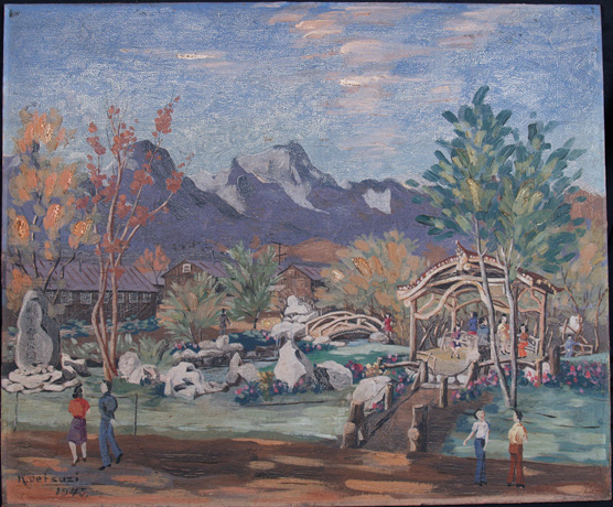 Colorful painting of Merritt Park showing rock gardens and other landscape features.