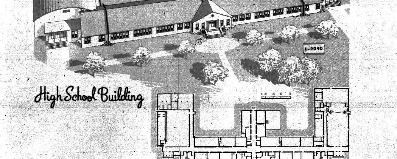 Black and white architectural drawing and a floorplan of a high school in the shape of the letter E.