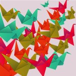 Digital illustrations of multicolored origami cranes cover a square of light purple.
