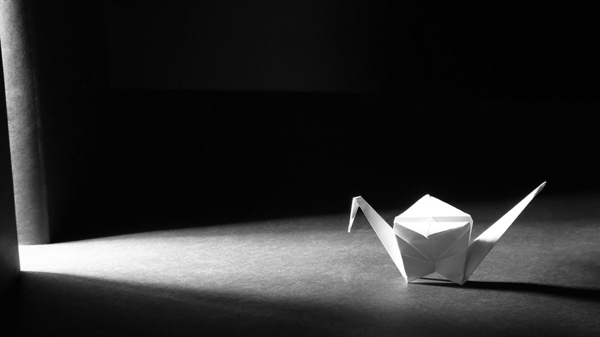 A dramatically lit black and white photo of an origami crane on a table