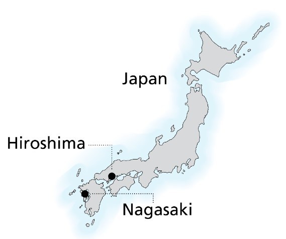 The word Japan is near an irregular shape outlined in black and a soft blue. The word Hiroshima is near a black dot. The word Nagasaki is near another black dot on the grey shape.