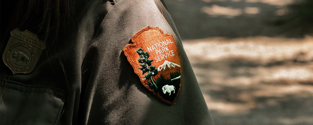An arrowhead with "National Park Service," a bison, an evergreen tree, and a mountain on the sleeve of a shirt.