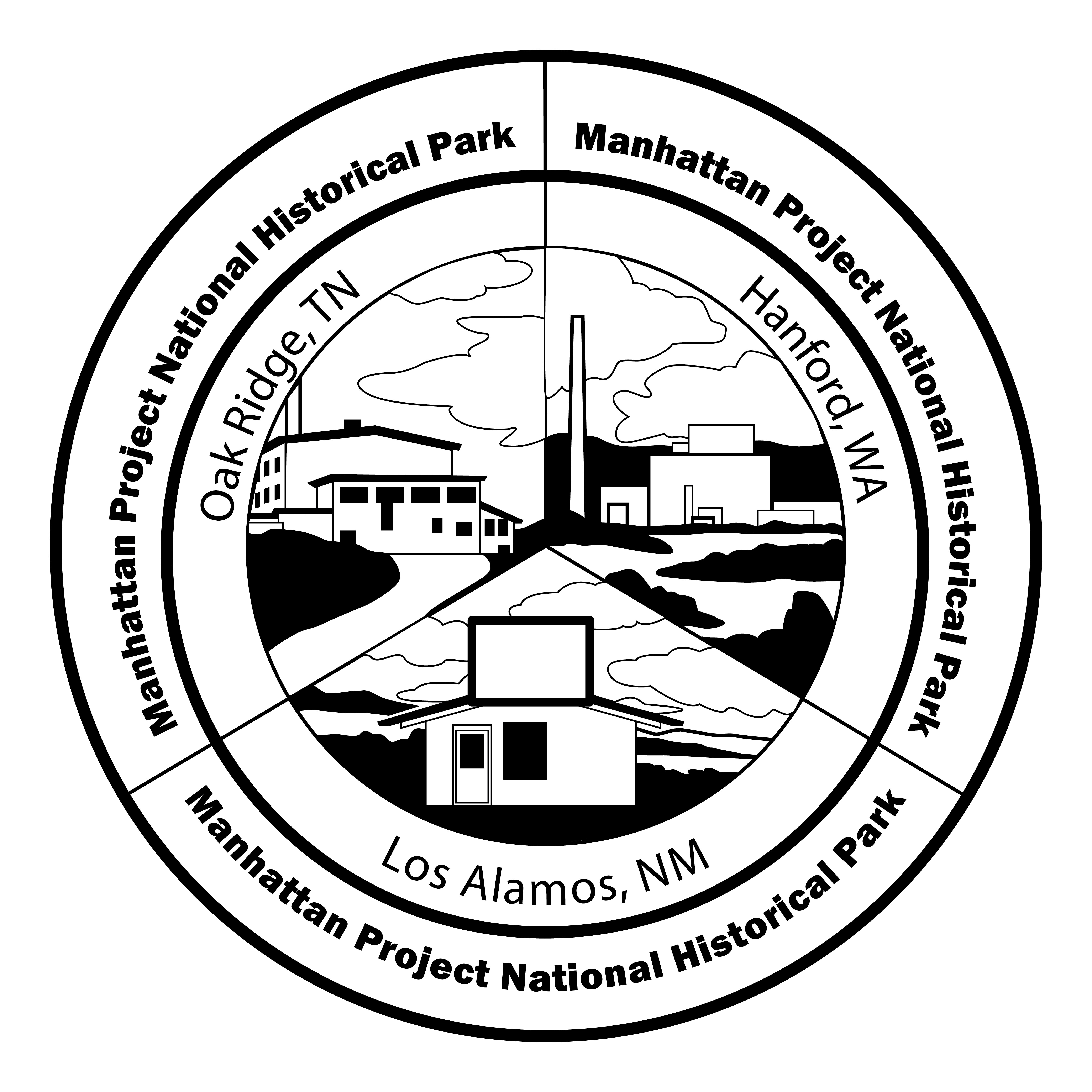 Manhattan Project National Historical Park new three-part park stamp circle divided in 3rds with black and white line art. There are 2 industrial buildings and a squat square building with a large sign on roof. Text reads: Manhattan Project NHP. Oak Ridge, TN. Hanford, WA. Los Alamos, NM.