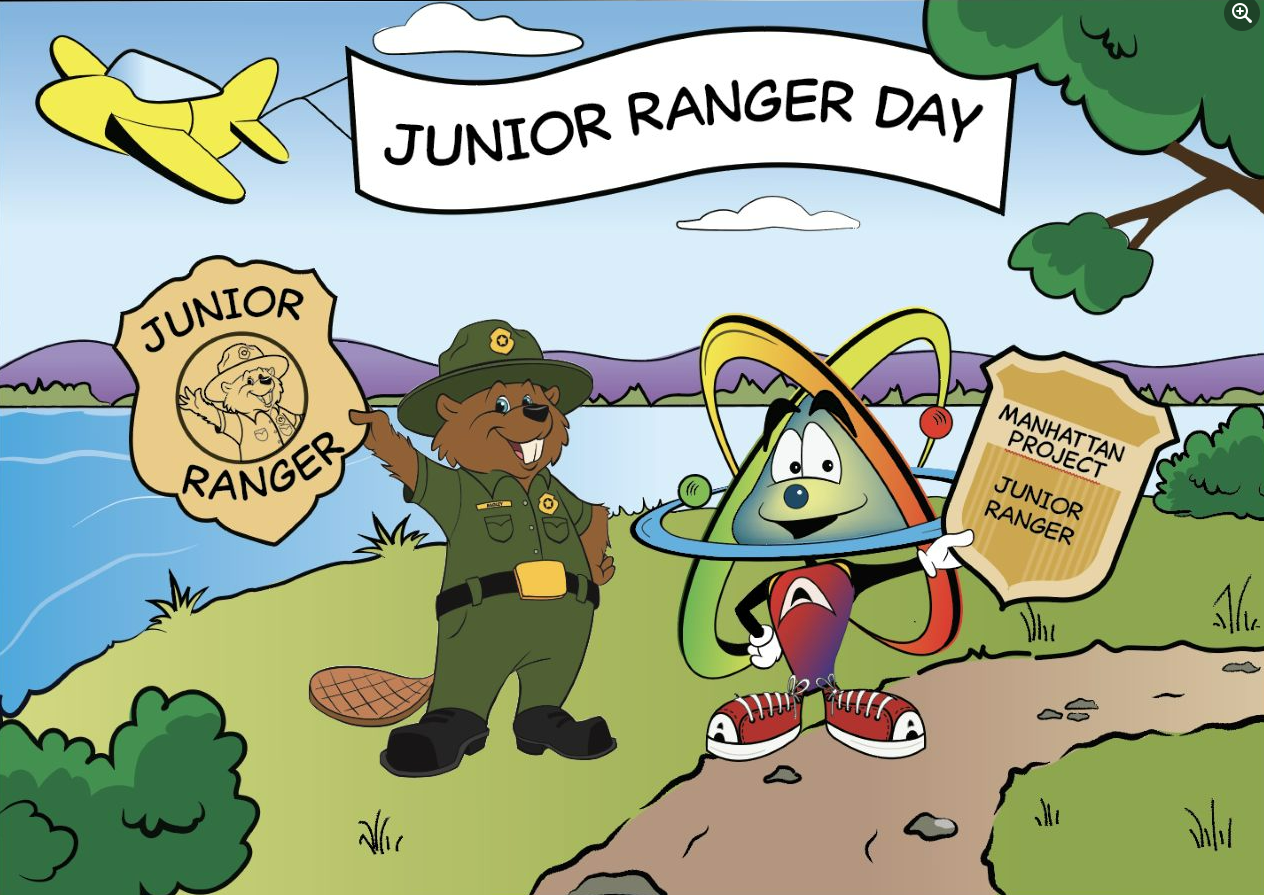 junior_ranger_day_4_2022 Cartoon of a beaver and an atom near a river holding up badges