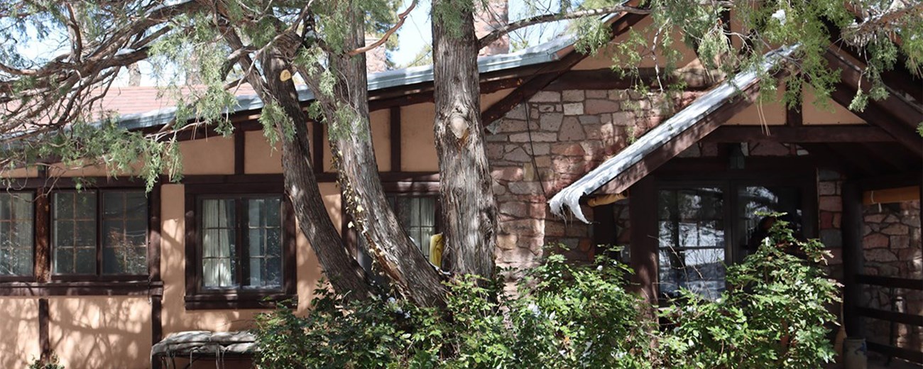 Color photo of a small wood and stone house nestled among pine trees.