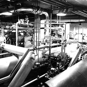A black and white photo of a room filled with dozens of pipes of varying sizes.