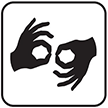A black image on a white background of 2 hands signing.