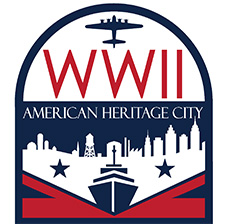 A red, blue and white arched logo.