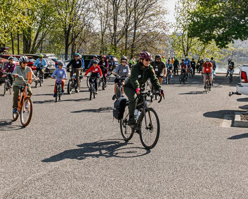 A group of people on bikes follow a ranger in uniform riding a bike.