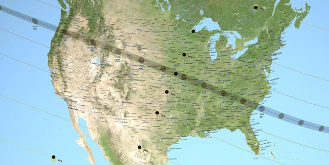 map of the United States showing the path of totality for the August 21, 2017 total solar eclipse.