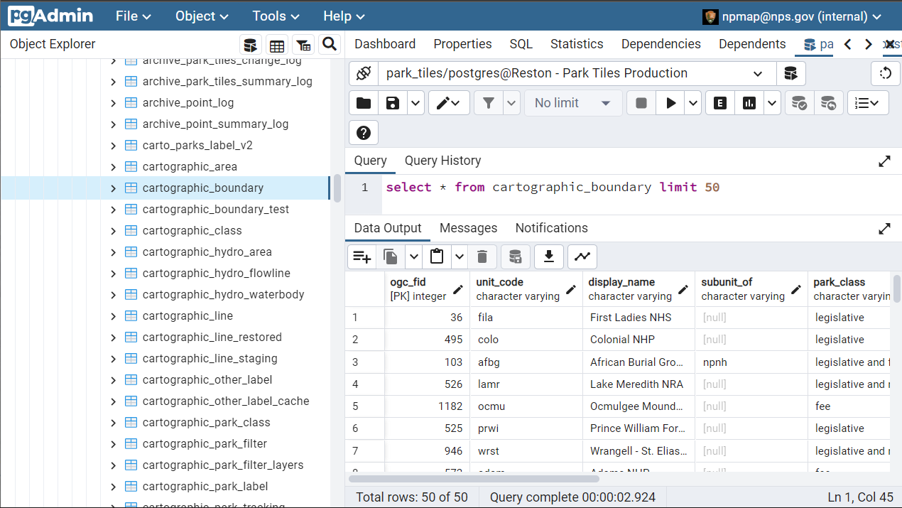 view of Park Tiles data within pgAdmin interface