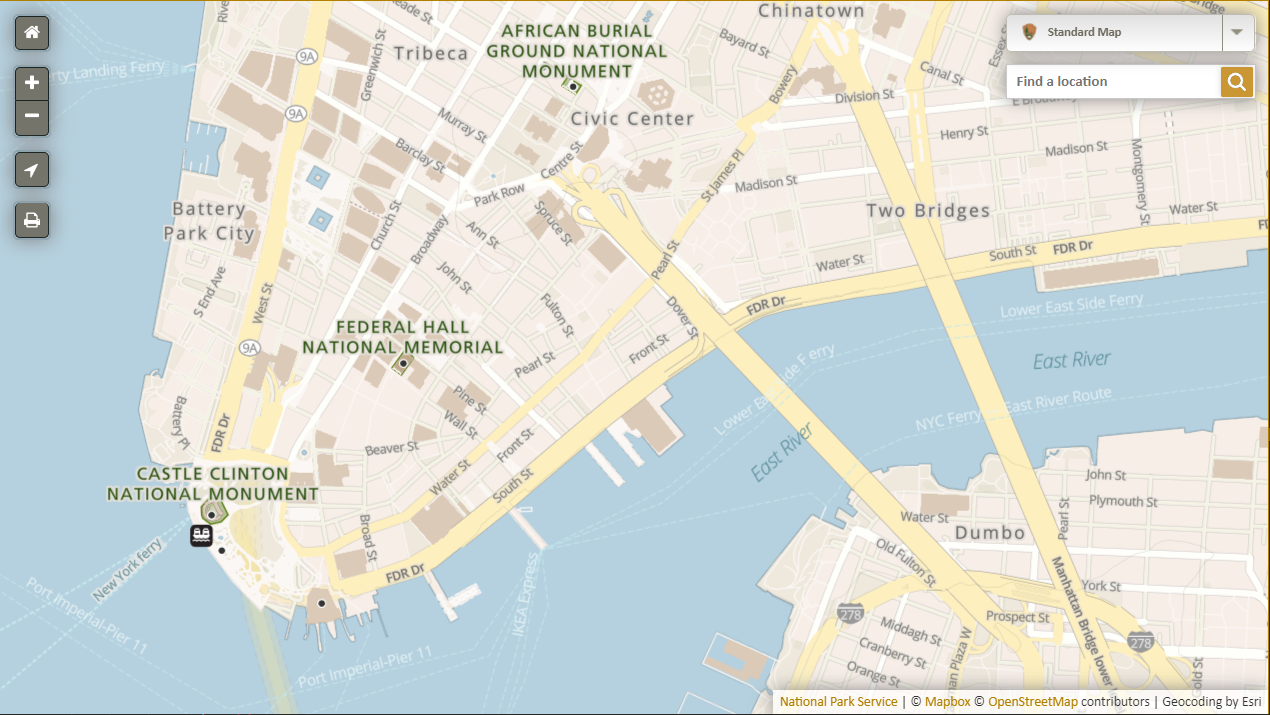 detail of map of southern Manhattan showing contextual OSM data