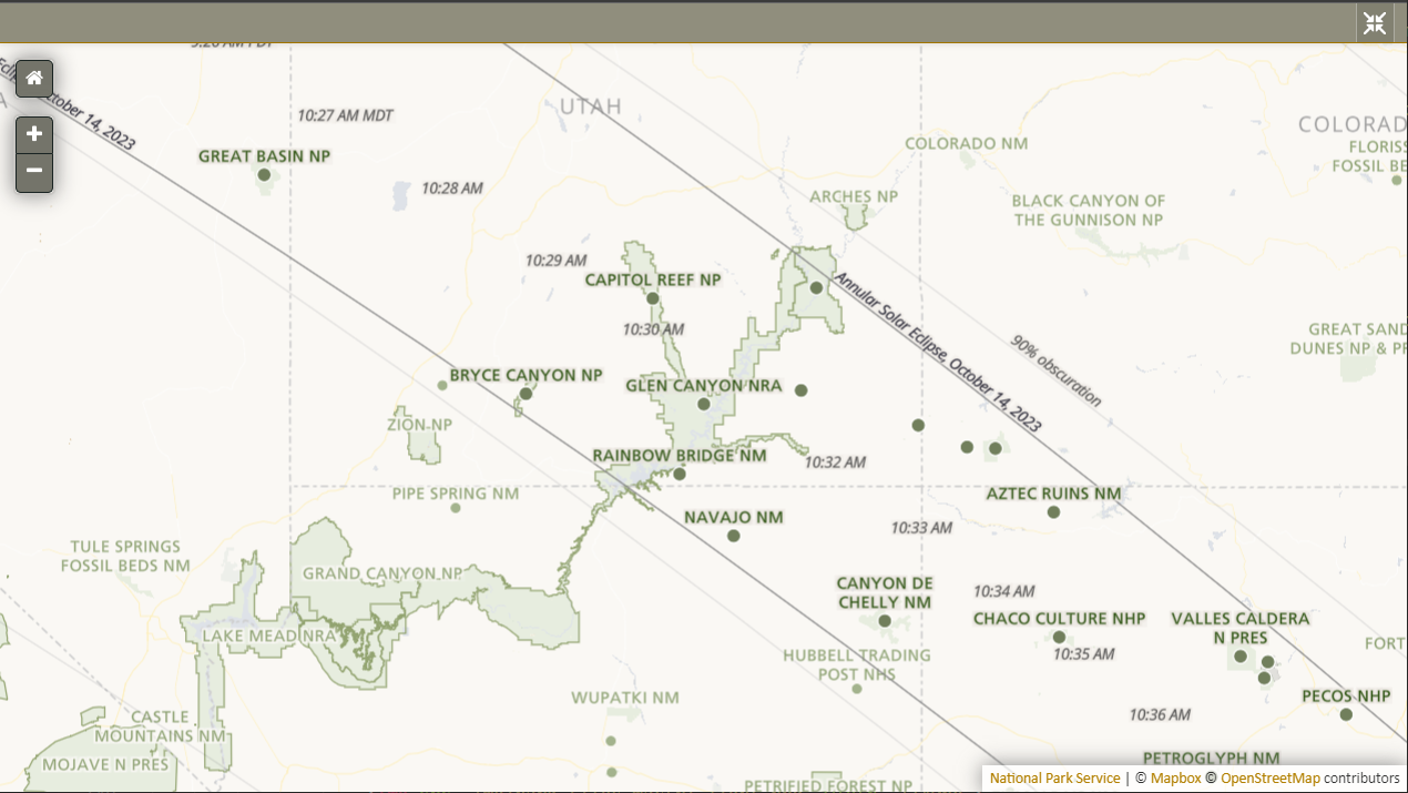 portion of a custom map of 2023 annular solar eclipse