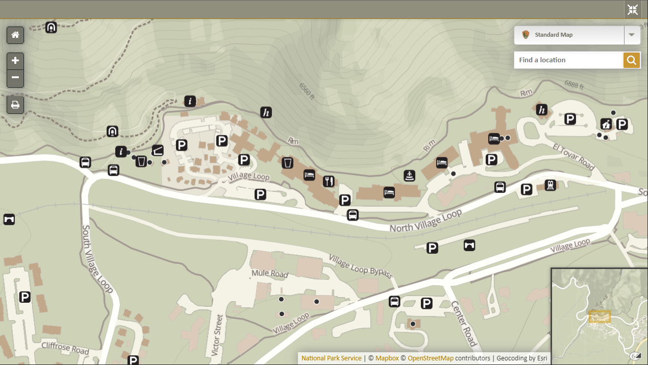 detail of map in South Rim area of Grand Canyon National Park showing enterprise GIS data