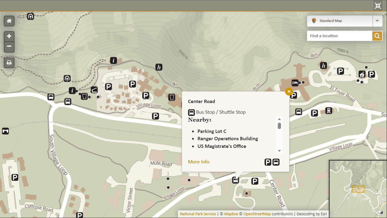 detail of map in South Rim area of Grand Canyon National Park showing nps.gov structured data integration in a bus stop popup