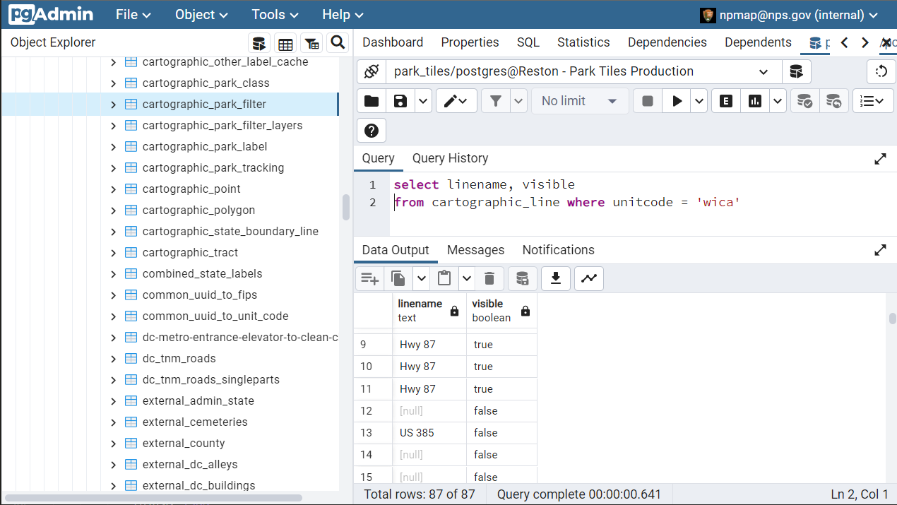 view of Park Tiles data showing visible attribute within pgAdmin interface