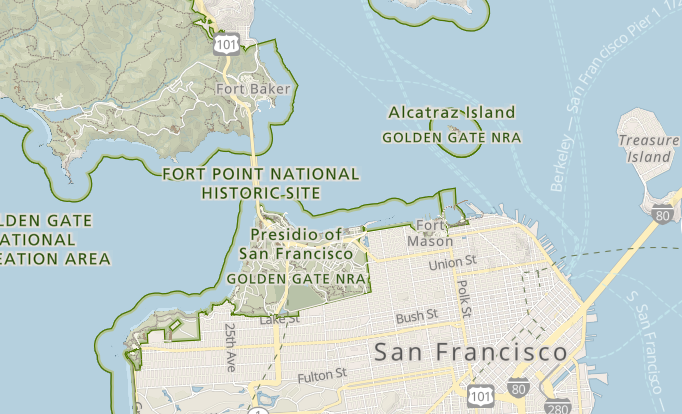 screenshot of a portion of Park Tiles map in its previous condition, showing a dense network of thoroughfares in an urban area