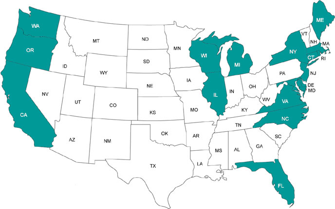 U.S. map. States with life-saving stations are highlighted.