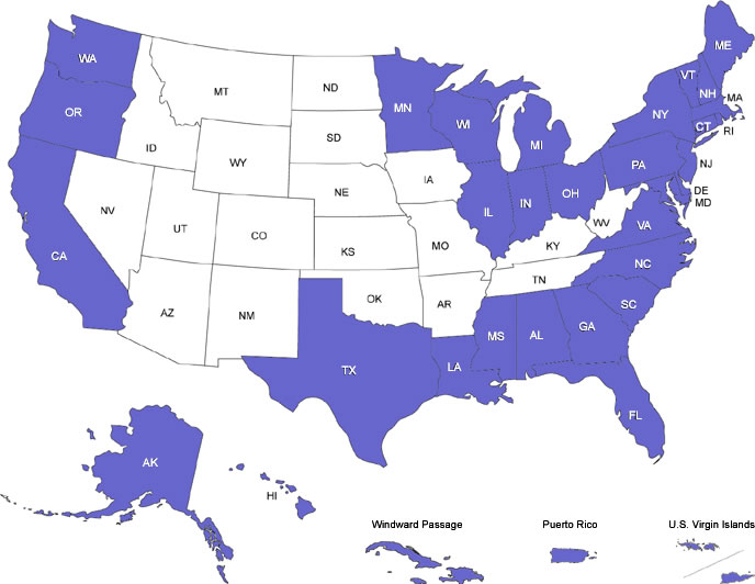 U.S. & territories map. States with historic lighthouses & light stations are highlighted.
