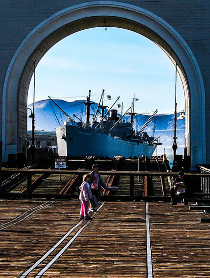 View of the Jeremiah O'Brien through an archway