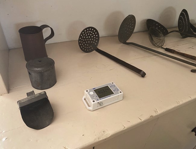 Data logger in the basement kitchen of Lindenwald. The park installed wifi hotspots in Lindenwald to accommodate remote access to these loggers Data logger in the basement kitchen of Lindenwald. The park installed wifi hotspots in Lindenwald to accommodate remote access to these loggers