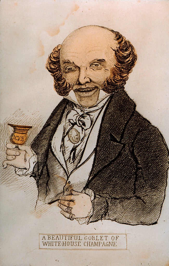 Drawn image of Martin Van Buren happily holding a glass of champagne