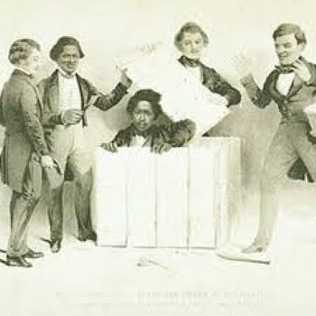 Sketch of a man (Henry Brown) emerging from a box while other men lift the lid