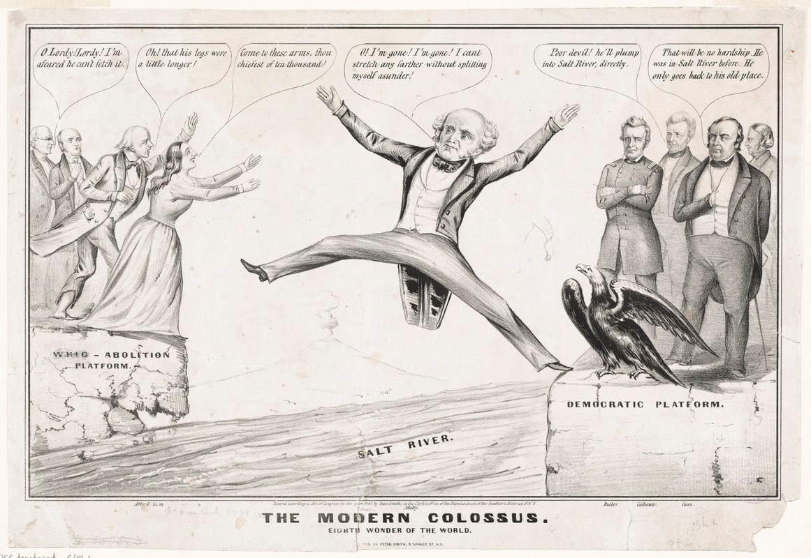 A political cartoon depicting Van Buren attempting to span the "salt river"