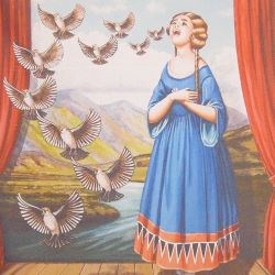 A drawing of a blonde woman singing with nightingales appearing to fly from her voice