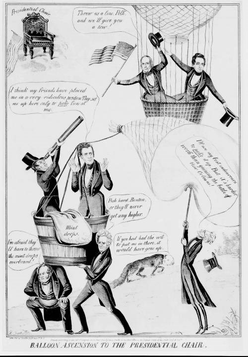 1844 political cartoon. Hot air balloon race. Candidates are passengers in their respective balloons.