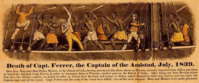 Engraving depicting uprising of the enslaved captives on the deck of the ship Amistad