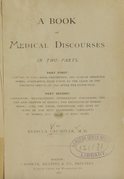 Front page of Dr. Crumpler's book, "A Book of Medical Discourses."