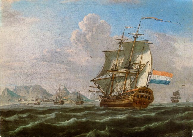 Painting of a Dutch sailing ship with land in the distance