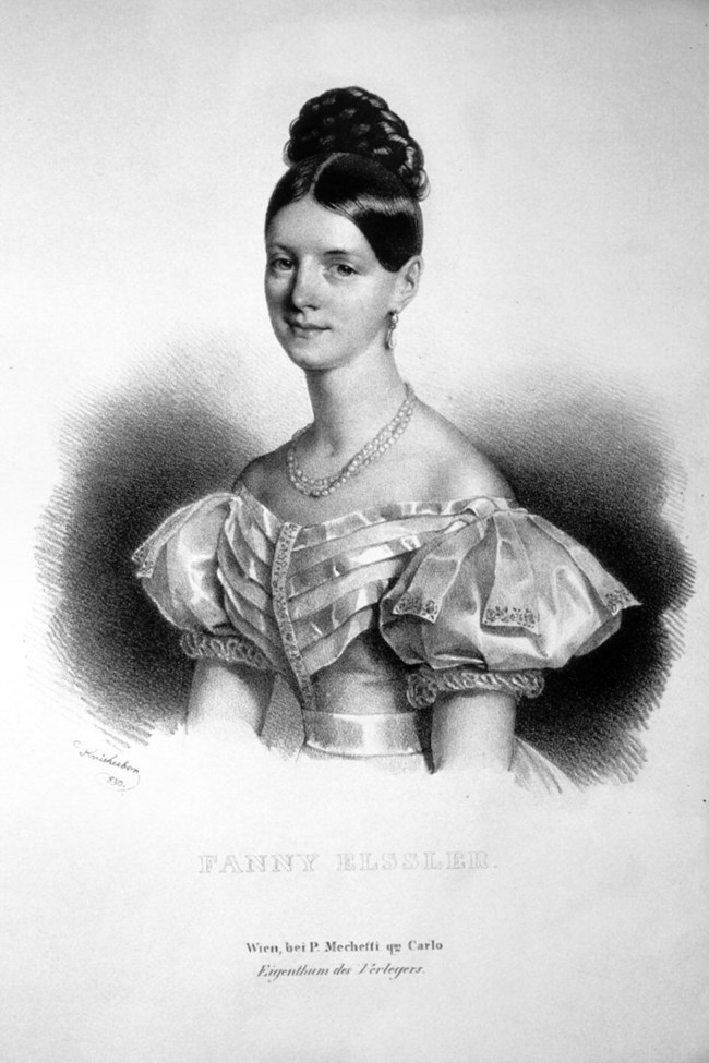 Sketch of Fanny Elssler sitting in a fancy gown
