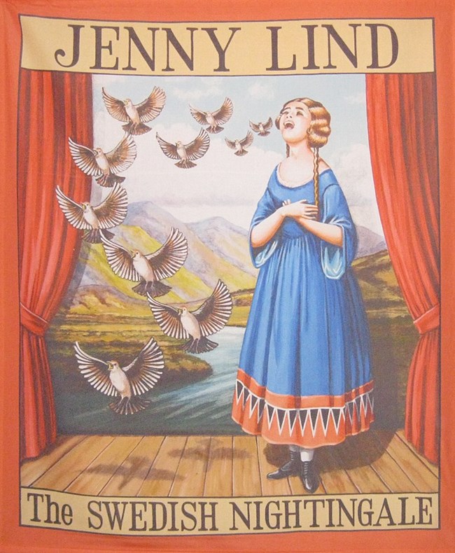 A promotional poster showing a drawn Jenny Lind singing to birds