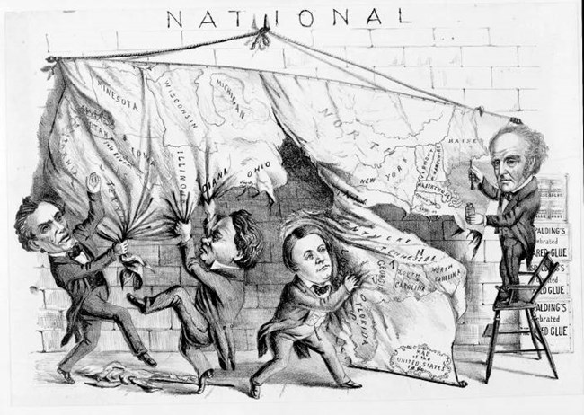 A political cartoon showing various 1860 political leaders tearing apart a map of the United States