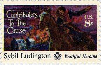 Commemorative stamp of Sybil Ludington riding her horse.