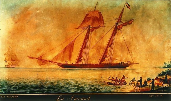 A colorized oil painting of a wooden ship with sails