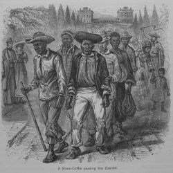 Drawing of a group of enslaved people in chains being driven through the streets