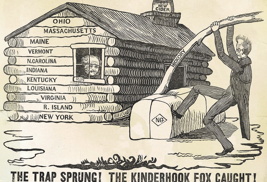 Political cartoon showing William Henry Harrison trapping Martin Van Buren in a log cabin