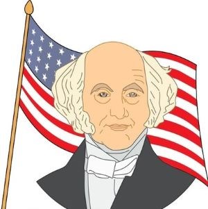 Cartoon image of Martin Van Buren standing in front of an American flag