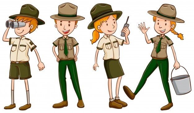 Colorized sketch of four park rangers in uniform holding radios