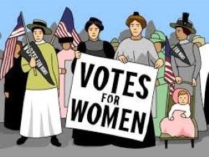 Cartoon of a group of women with American flags and picket signs
