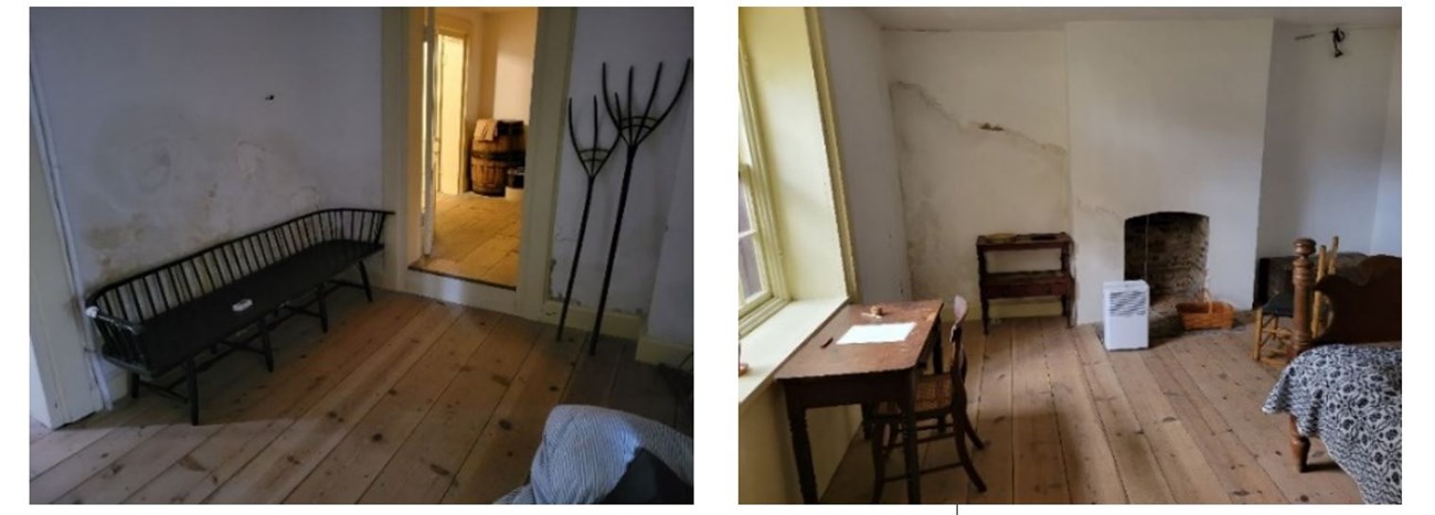 Two photos of basement rooms in Lindenwald, showing moisture/water damage staining on walls.