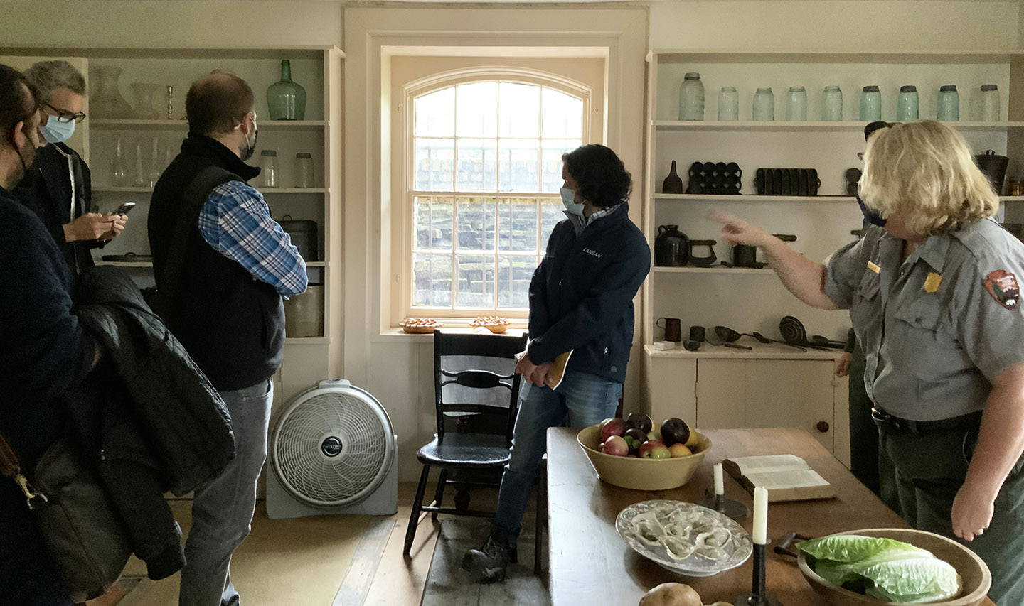A Park Ranger gives a tour of the historic house, Lindenwald, which belonged to the 8th President Martin Van Buren. Ranger gives a tour of the kitchen area at Lindenwald